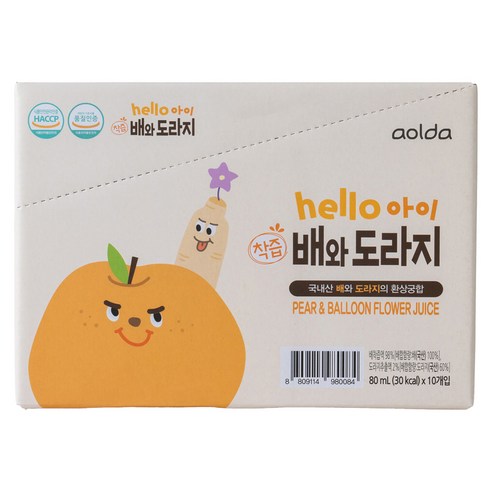 아올다 헬로아이 착즙 배와도라지, 80ml, 10개