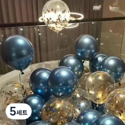 뷰라뷰 파티풍선 50p + 공기펌프 + 10m 리본 세트, 01 블루 + 골드스팽글(랜덤발송), 5세트
