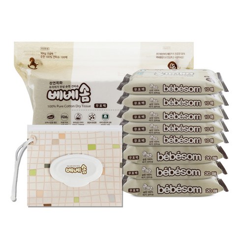 건티슈 추천 상품베베솜 순면100 아기 건티슈 휴대형 10매 x 5p + 20매 x 3p + 리필형 100매 + 지퍼백 세트, 1세트 제품 사진