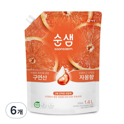 순샘 구연산 자몽 주방세제 리필, 1.4L, 6개