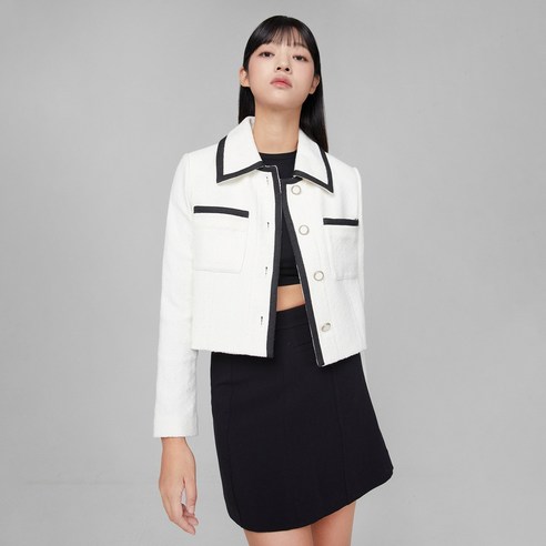 미쏘 여성용 라운드넥 배색 트위드 자켓