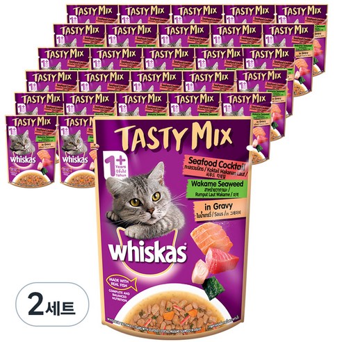 위스카스 고양이 테이스티믹스 씨푸드칵테일과미역 in 그레이비 습식사료 28p, 생선, 70g, 56세트