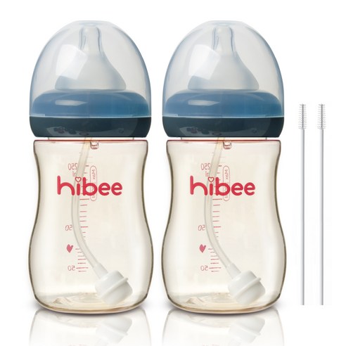 하이비 PPSU 빨대젖병 300ml 2p + 빨대솔 2p, S(0개월이상), 그레이
