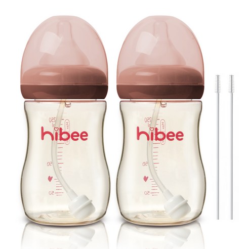 하이비 PPSU 빨대젖병 300ml 2p + 빨대솔 2p, M(3개월이상), 브라운