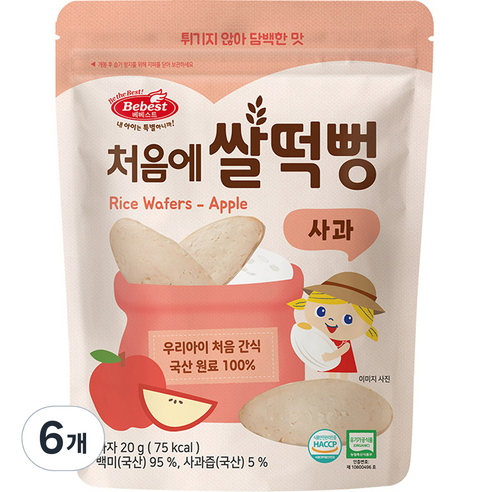 베베스트 유아용 유기농 처음에 쌀떡뻥 사과 과자, 20g, 6개