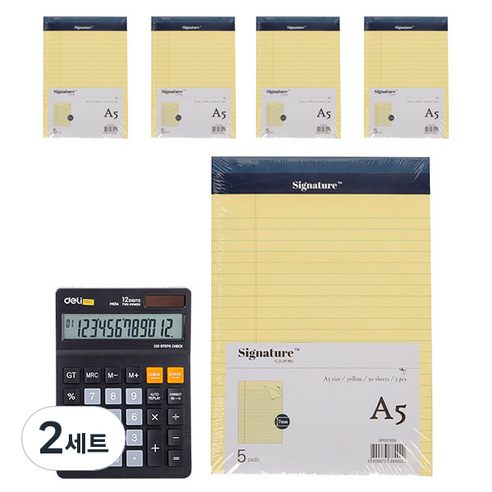 델리 와이드 사무용 계산기 블랙 01420 + 리갈패드 A5 5p 세트, 옐로우, 2세트