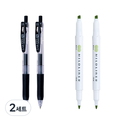 제브라 마일드라이너 마카 2p + 사라사 클립 볼펜 0.5mm 2p 세트, 그린(마일드라이너), 검정(볼펜), 2세트