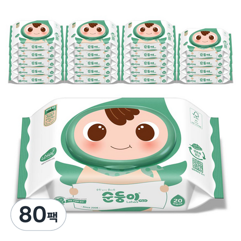순둥이 로하스 물티슈 휴대캡형 75평량, 80팩, 20매