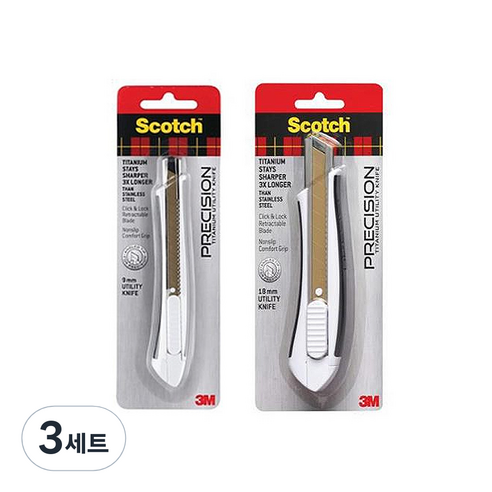스카치 티타늄 커터 18mm TI-KL + 티타늄 커터 9mm TI-KS 세트, 혼합색상, 3세트