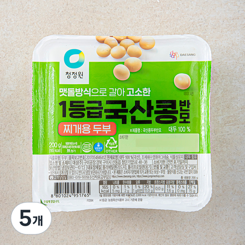 청정원 국산 1등급 찌개용 콩두부 반모, 200g, 5개