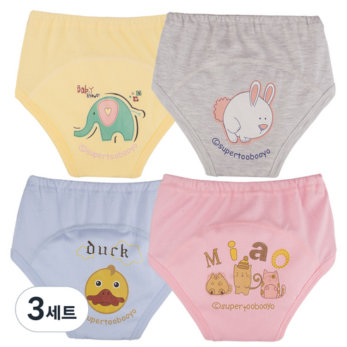 아가짱 유아용 동물친구 배변훈련팬티 4종 세트, B:(옐로우+그레이+보라+핑크, 3세트