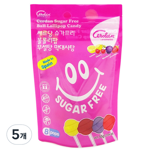 쎄르당 슈가프리 볼롤리팝 무설탕 막대사탕 8p, 55g, 5개