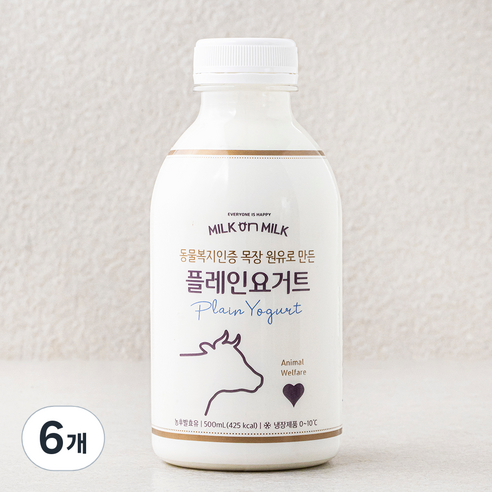 동물복지 인증 밀크온밀크 목장 원유로 만든 플레인 요거트, 500ml, 1개입, 6개