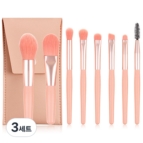 심플라인 휴대용 미니 메이크업 브러쉬 8종 파우치 세트, 3세트, 핑크