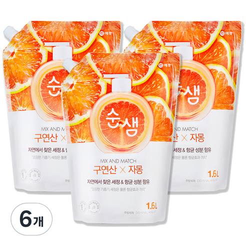 순샘 구연산 자몽 주방세제 리필, 1.6L, 6개