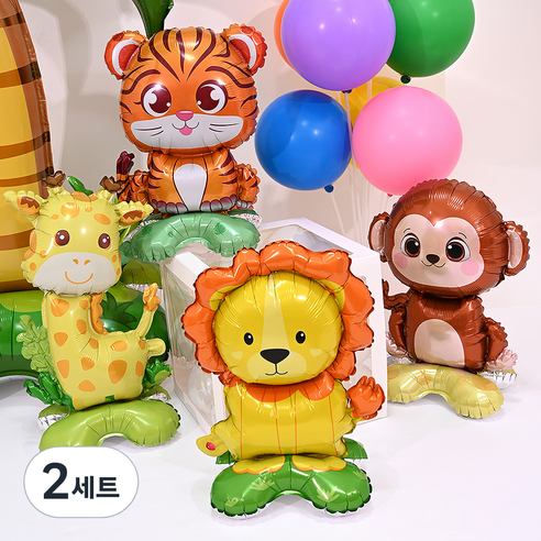 파티쇼 스탠드 동물 은박풍선 기린 + 호랑이 + 사자 + 원숭이 B 세트, 혼합색상, 2세트