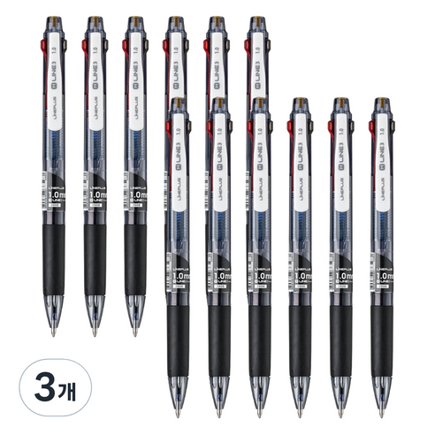 라인플러스 M 라인 3 멀티 3색 볼펜 1.0mm 12p, 블랙, 3개
