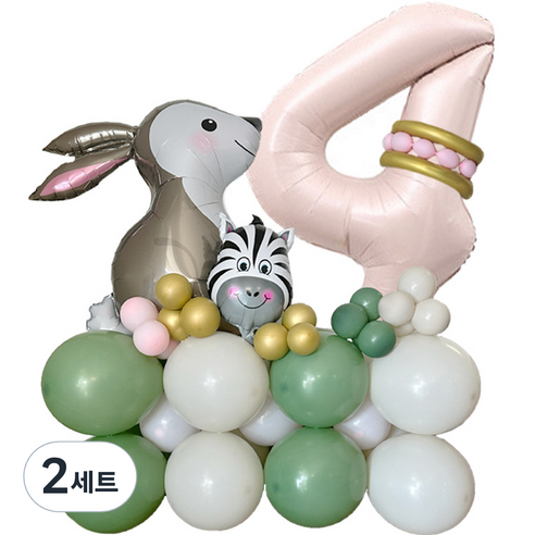 팡파티 토끼 생일 파티 숫자 풍선 세트 4, 그린 + 화이트, 2세트