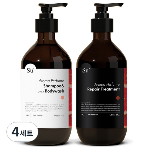 수오가닉 아로마 퍼퓸 프루트샤워 샴푸워시 1050ml + 트리트먼트 1050ml 세트, 4세트