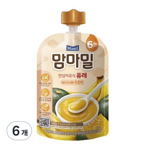맘마밀 안심 이유식 퓨레 6개월부터 100g, 바나나와 단호박, 6개