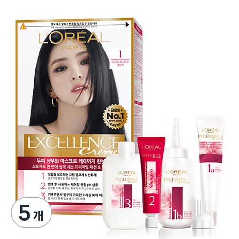 로레알파리 엑셀랑스 크림 염색제, 1호 쿨블랙, 5개