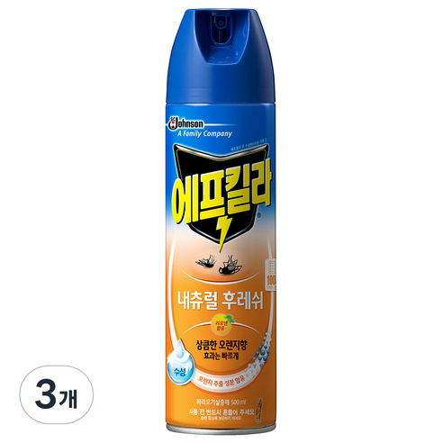 벌레퇴치 에프킬라 모기 스프레이 내추럴후레쉬 오렌지향, 500ml, 3개