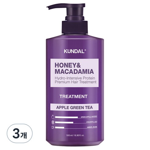 쿤달 허니 앤 마카다미아 헤어 트리트먼트 애플그린티향, 500ml, 3개