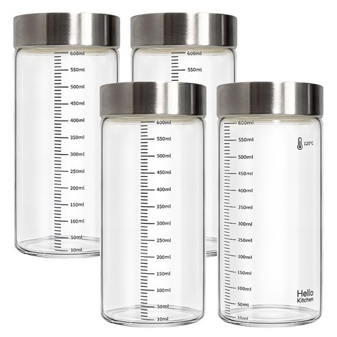 헬로키친 내열유리 눈금 유리병, 600ml, 4개