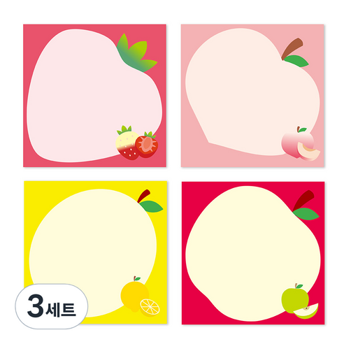 정사각 후르츠 떡메모지 4종 세트, 딸기, 레몬, 복숭아, 사과, 3세트