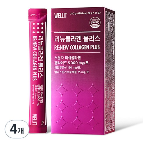 웰릿 리뉴콜라겐 플러스 5000 저분자 피쉬콜라겐 펩타이드 14p, 280g, 4개