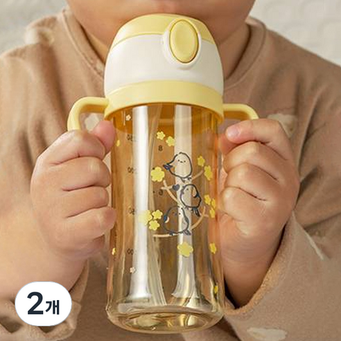 베베픽 유아용 원터치 PPSU 빨대컵 250ml, 2개, 마리골드 오목눈이