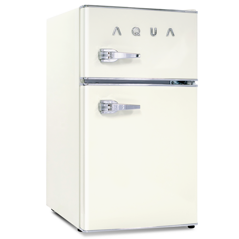 복고적인 매력과 현대적인 기능을 완벽하게 조화시킨 하이얼 AQUA 미드센츄리모던 클래식 3D 크롬 로고 레트로 냉장고 82L