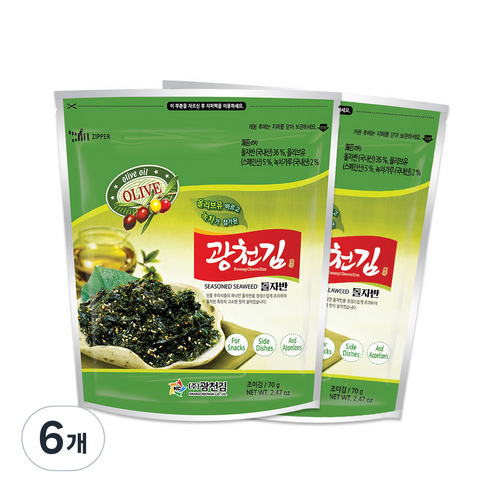 광천김 올리브유 바르고 녹차가 첨가된 광천 돌자반, 70g, 6개