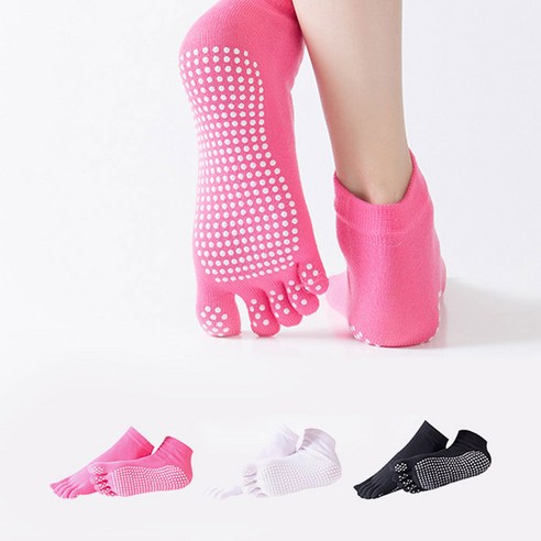 에델린 여성 컬러풀 논슬립 토삭스 필라테스 발가락 양말 3켤레, 라이트핑크, 블랙, 로즈레드, 1세트