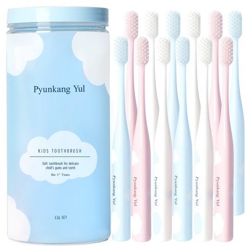 편강율 어린이 칫솔 12p + 개별 캡 + 보관용 케이스, 스카이 + 핑크 + 화이트, 1세트