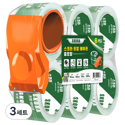 스코라 투명 테이프 중포장 50m 6p + 커터기 세트, 3세트