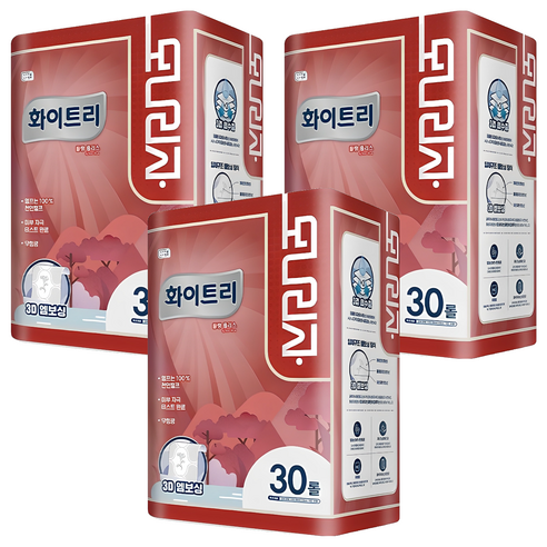 모나리자 화이트리 블랑 플러스 천연펄프 3겹 고급롤화장지, 30m, 30롤, 3개