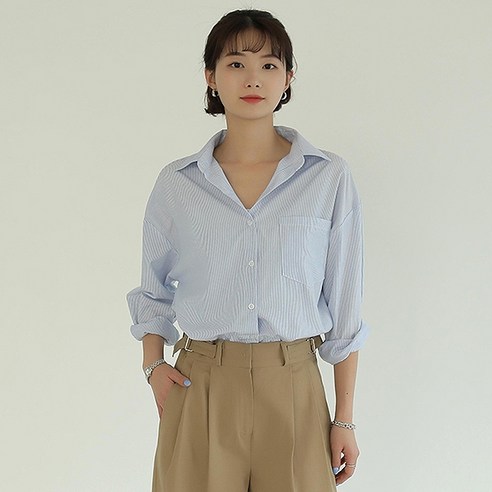 빼빼 여성용 세로 잔스트라이프 루즈핏 셔츠