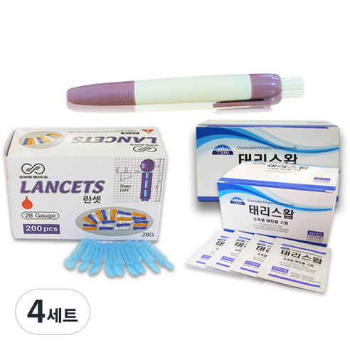 태리 무통 채혈기 + 일회용 수동랜싯 28G 200p + 알콜 스왑 100p, 4세트