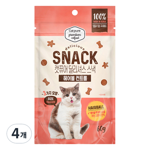캣퓨어 고양이 딜리셔스 스낵 헤어볼 컨트롤, 60g, 4개, 혼합맛(닭고기/참치)
