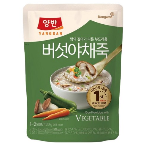 동원 양반 버섯야채죽 420g 1개입/파우치형/영양죽, 420g, 1개