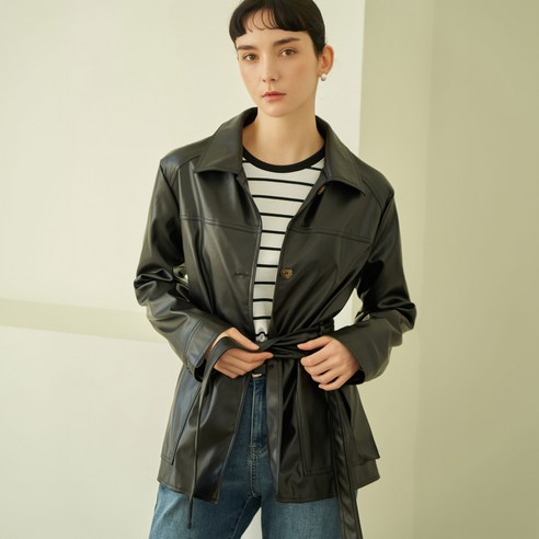ELLE PARIS 여성용 에코레더 벨티드 자켓
