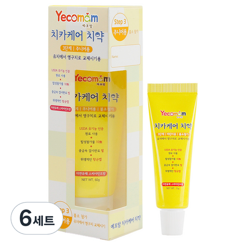 예꼬맘 치카케어 3단계 주니어용 고불소 치약 60g + 미니 치약 15g, 6개