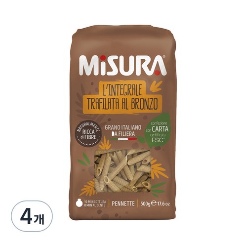 미주라 통밀 펜네떼 파스타, 500g, 4개