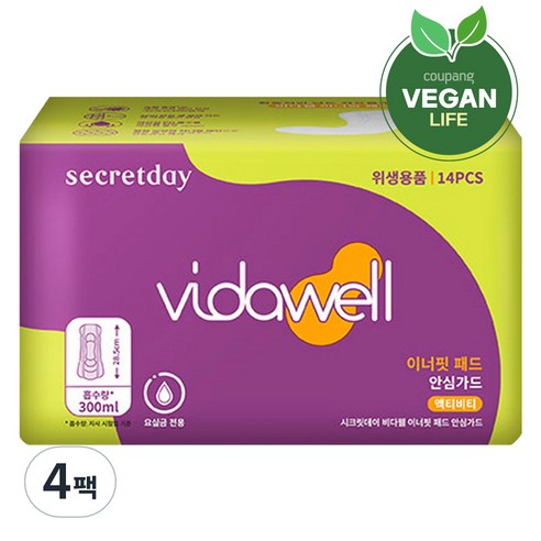 비다웰 요실금 시크릿데이 이너핏 안심가드 패드 일자형, FREE(onesize), 14매입, 4개