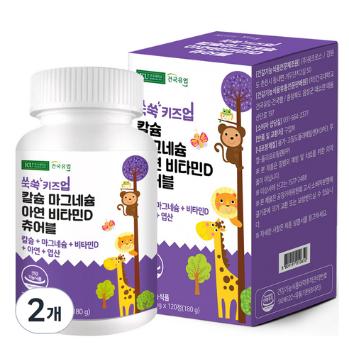 건국유업 유아용 쑥쑥 키즈업 칼슘 마그네슘 아연 비타민D 츄어블 180g, 120정, 2개