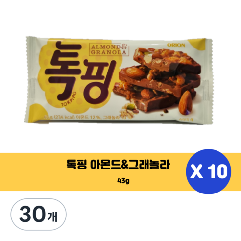 오리온 톡핑 아몬드 앤 그래놀라 초콜릿, 43g, 30개