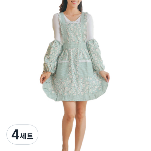 프릴 꽃무늬 앞치마 + 팔토시 세트, TYPE09, 4세트