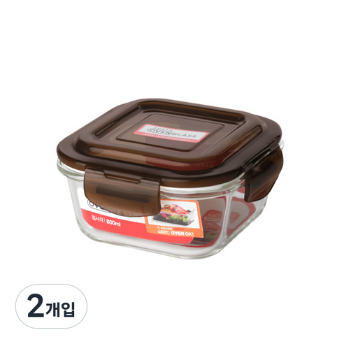아이에코리아 수퍼 오븐글라스 정사각 내열유리 밀폐용기, 2개, 800ml