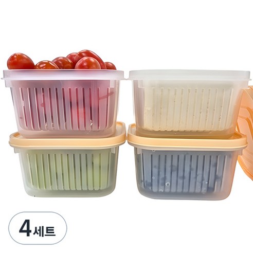 데일리픽 사각 물빠짐 과일 야채 보관 용기 베이지 4p, 4세트